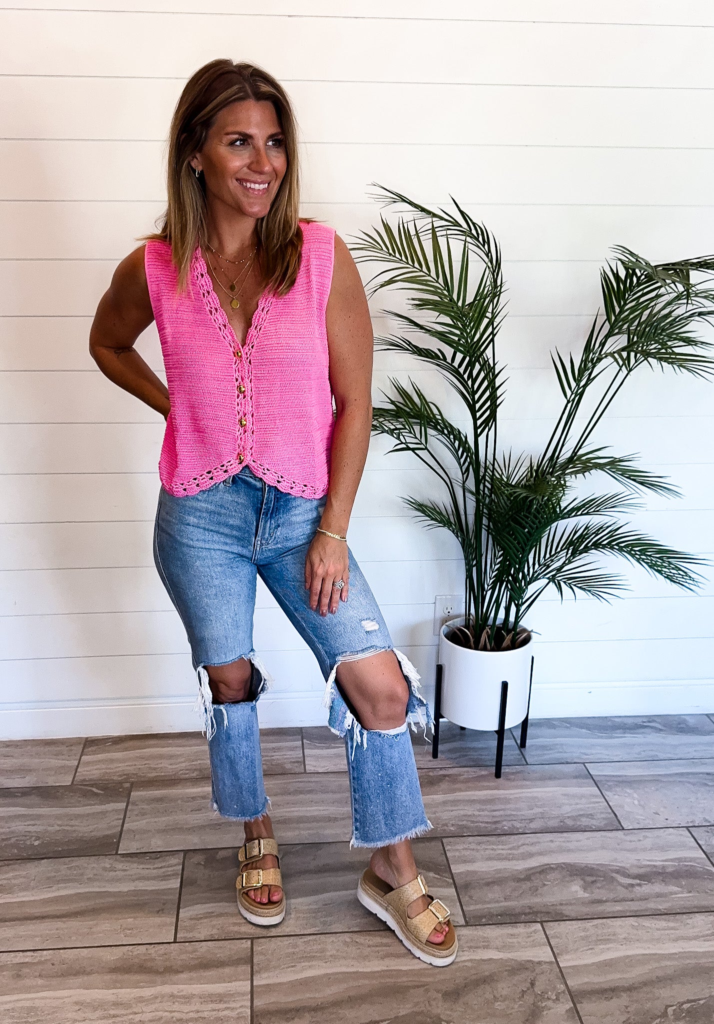 Crochet Trimmed Button Down Vest