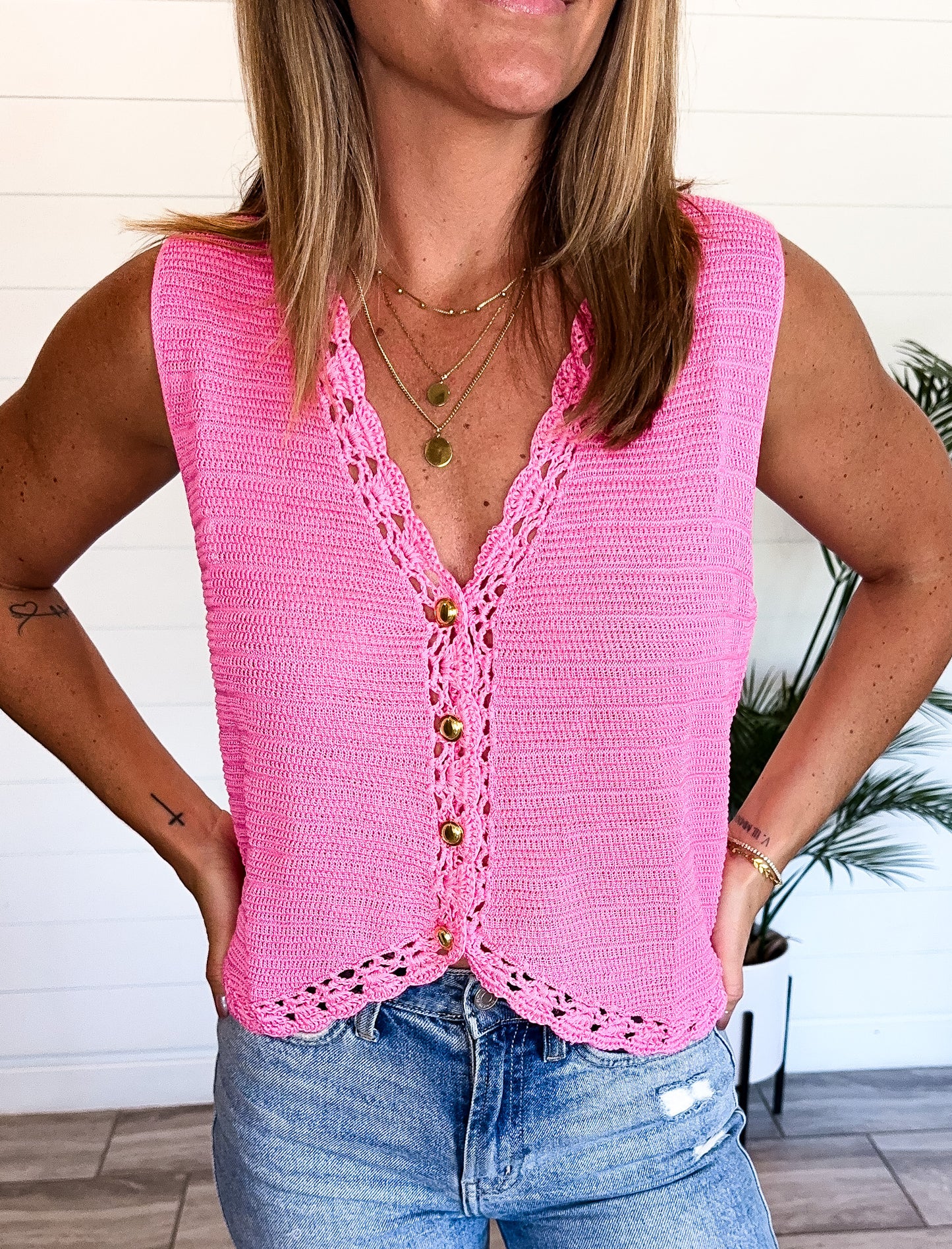Crochet Trimmed Button Down Vest