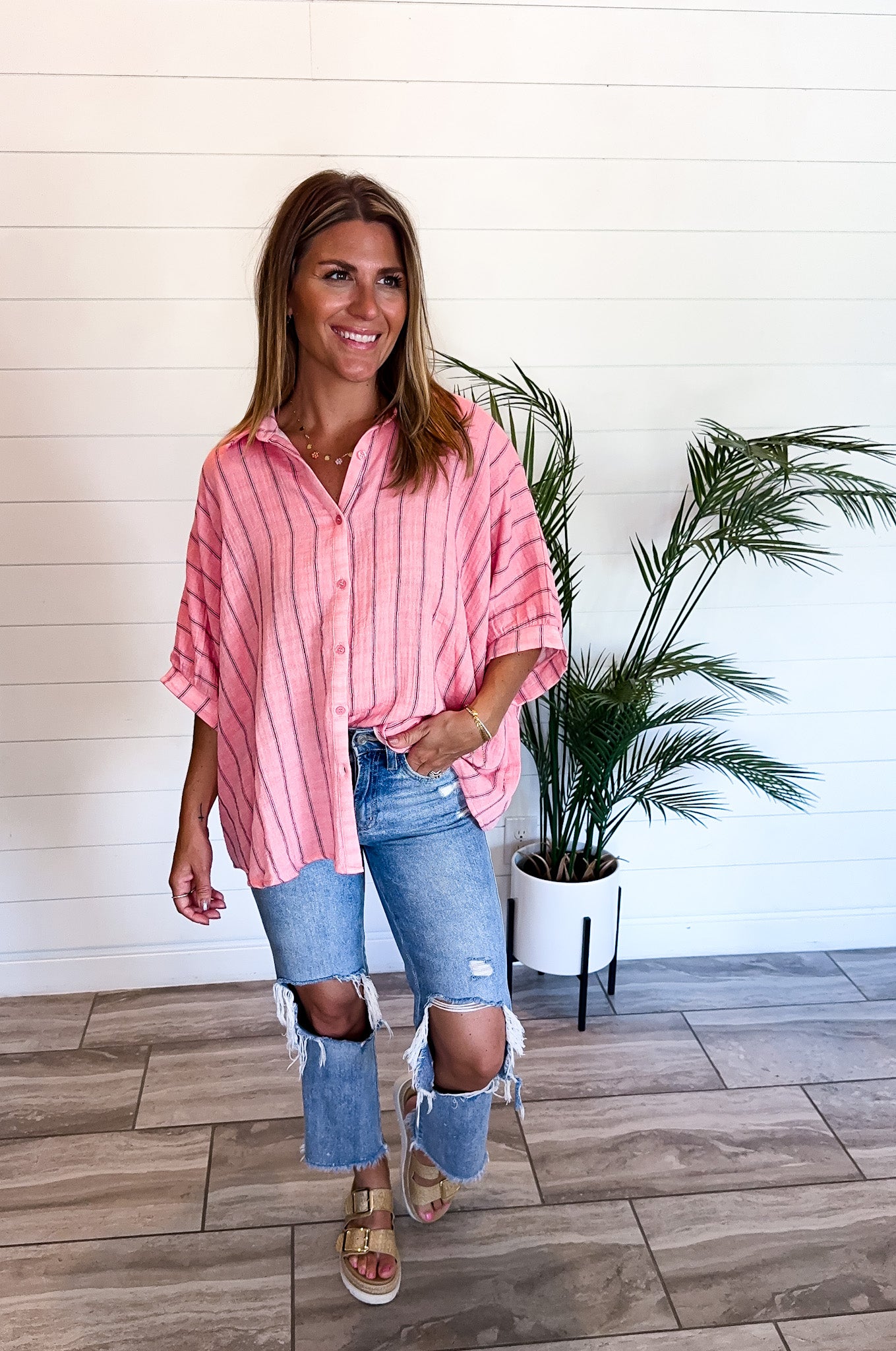 Oversized Drop Shoulder Striped Blouse