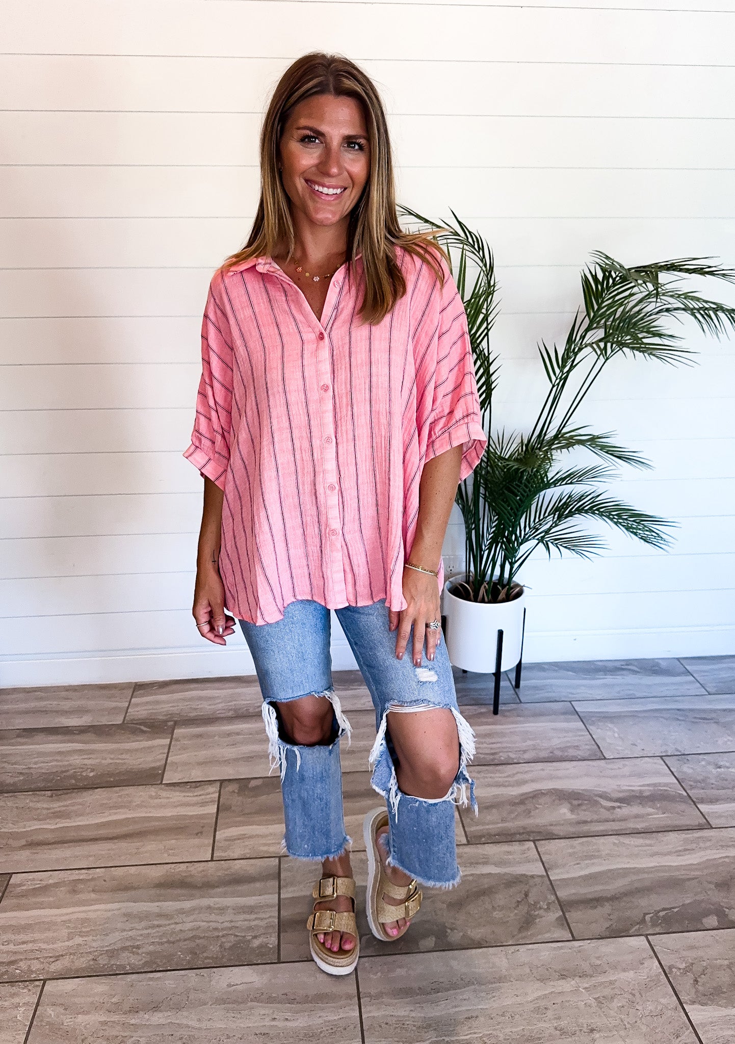 Oversized Drop Shoulder Striped Blouse