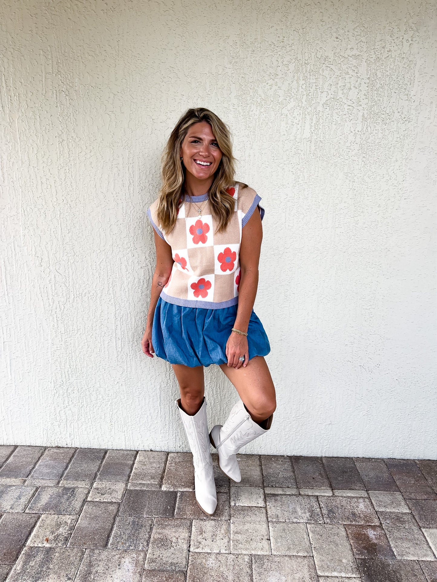 Floral Checker Sleeveless Sweater