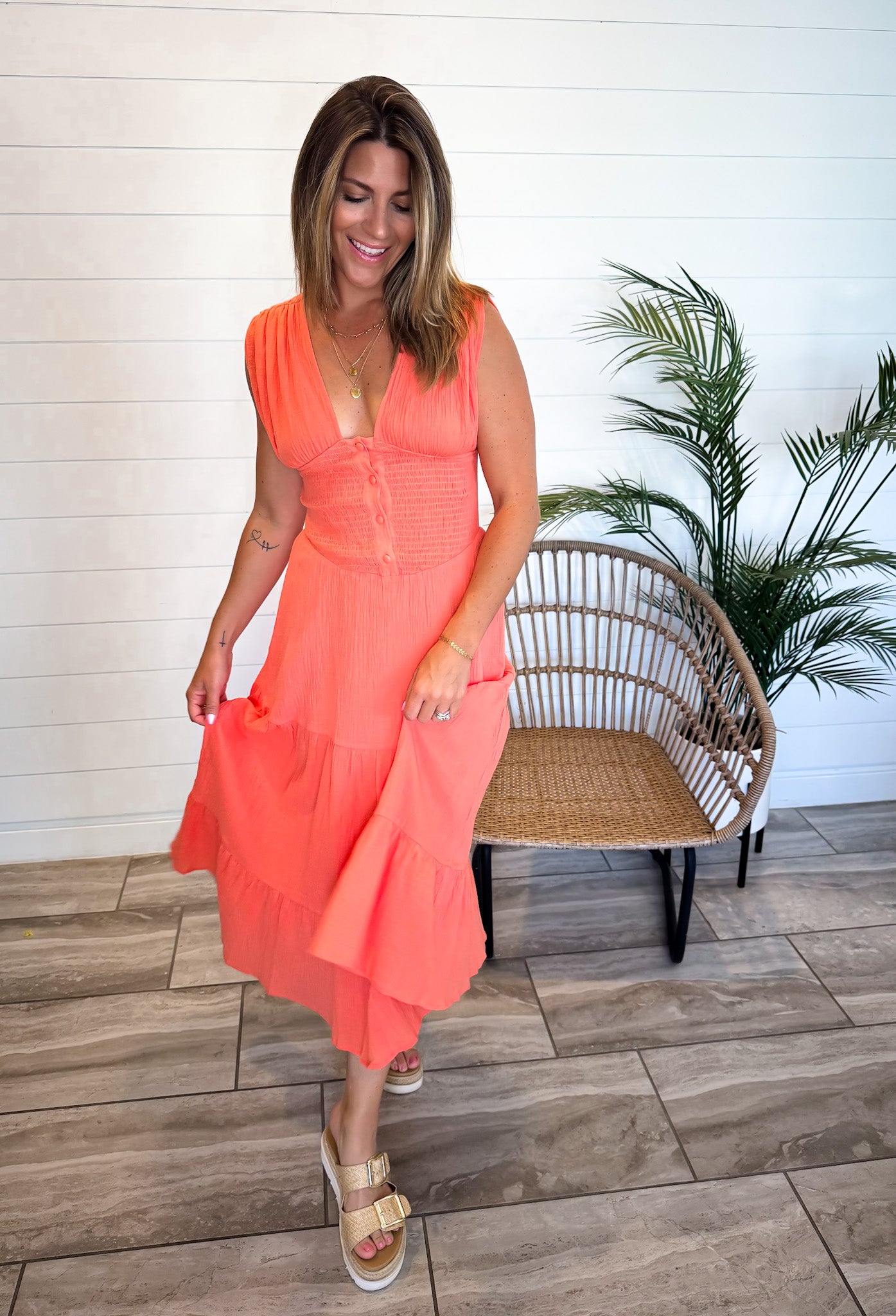 Button Front Tiered Midi Dress