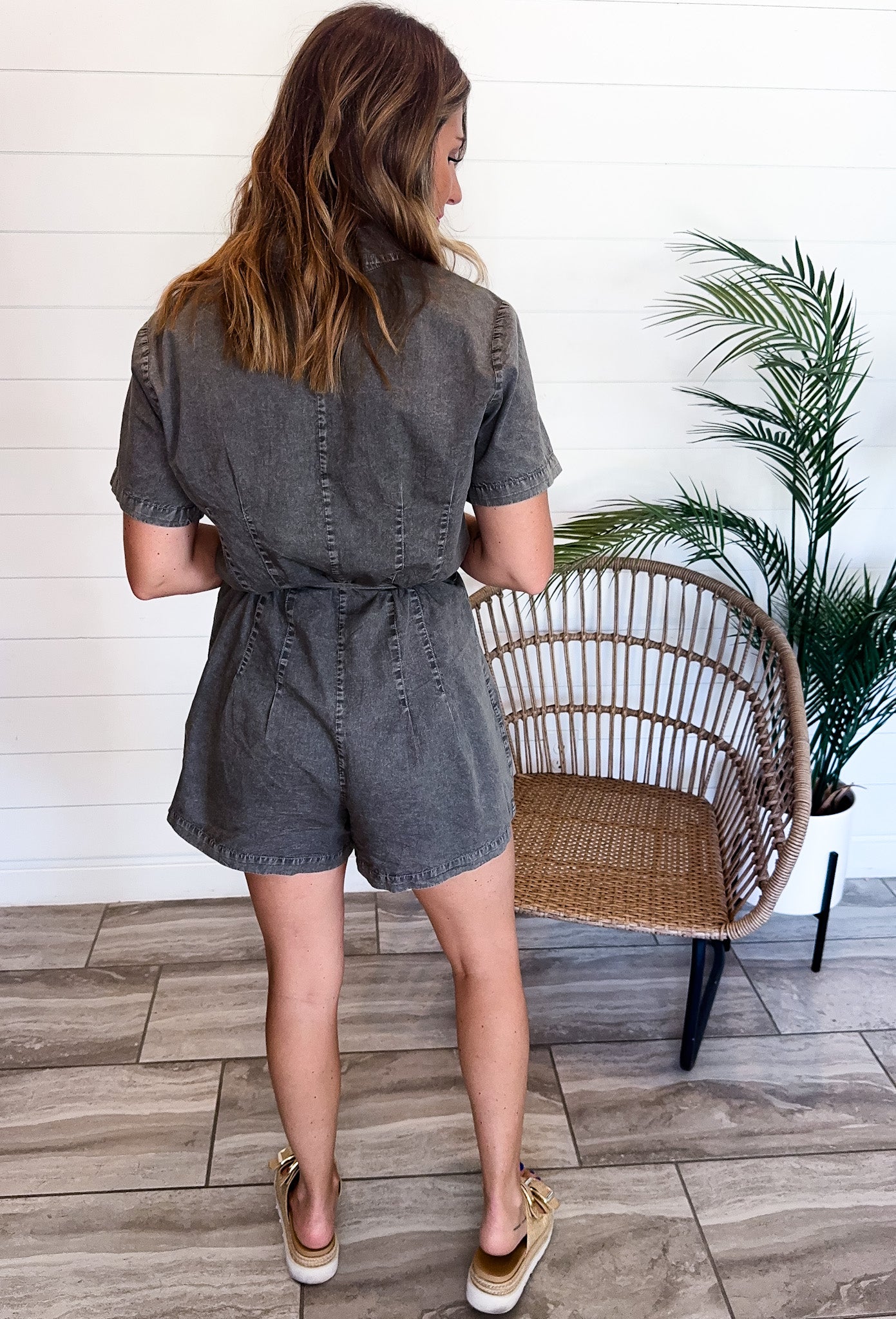 Mineral-Washed Romper W/ Pleated Waist
