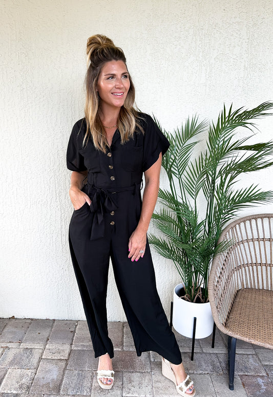 Button Down Tie Jumpsuit