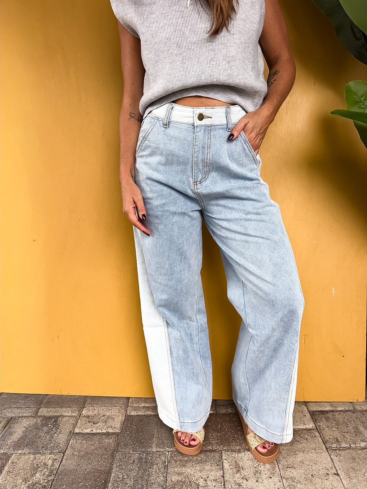 Denim Color Block Straight Leg Pants
