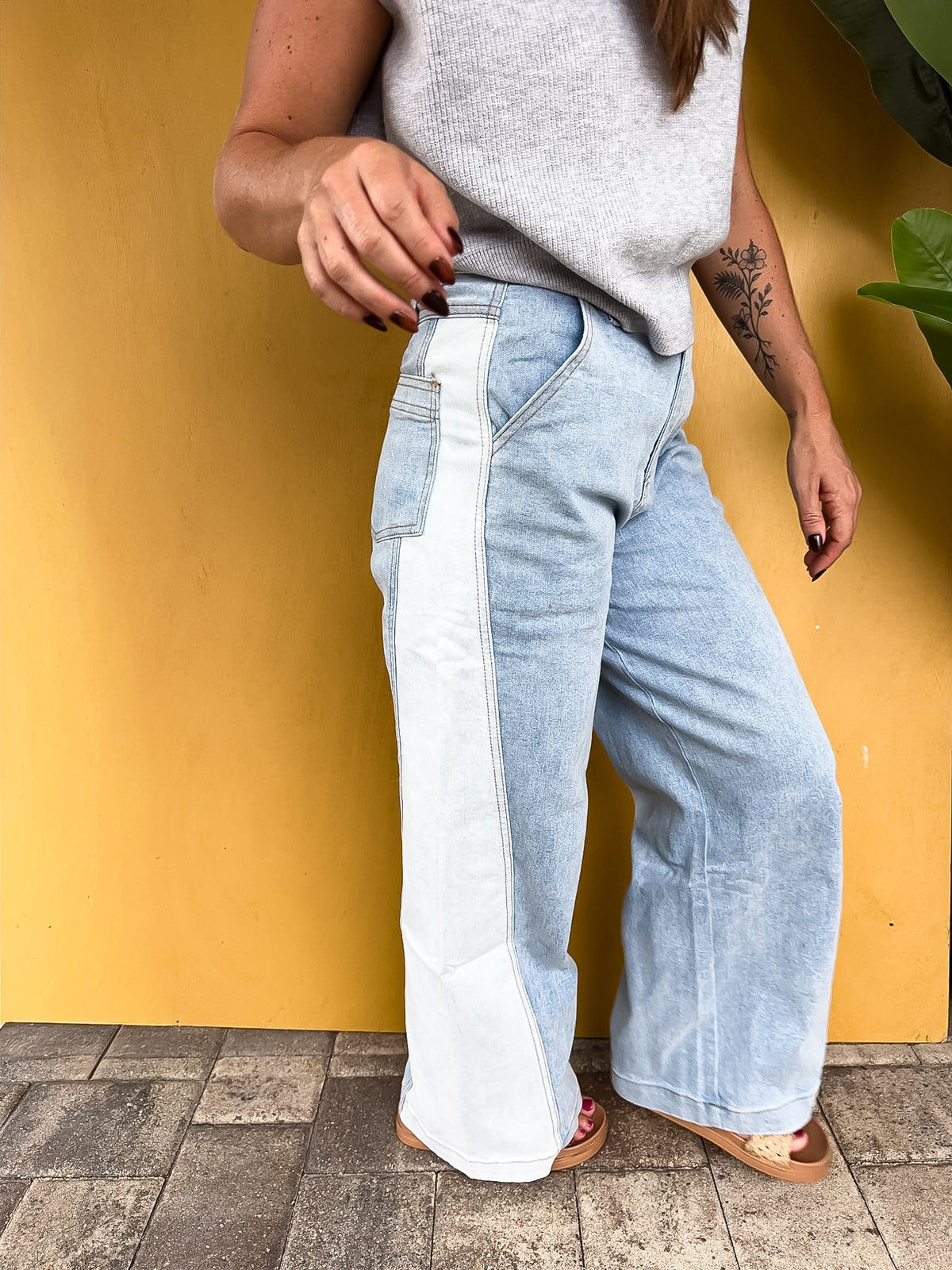 Denim Color Block Straight Leg Pants