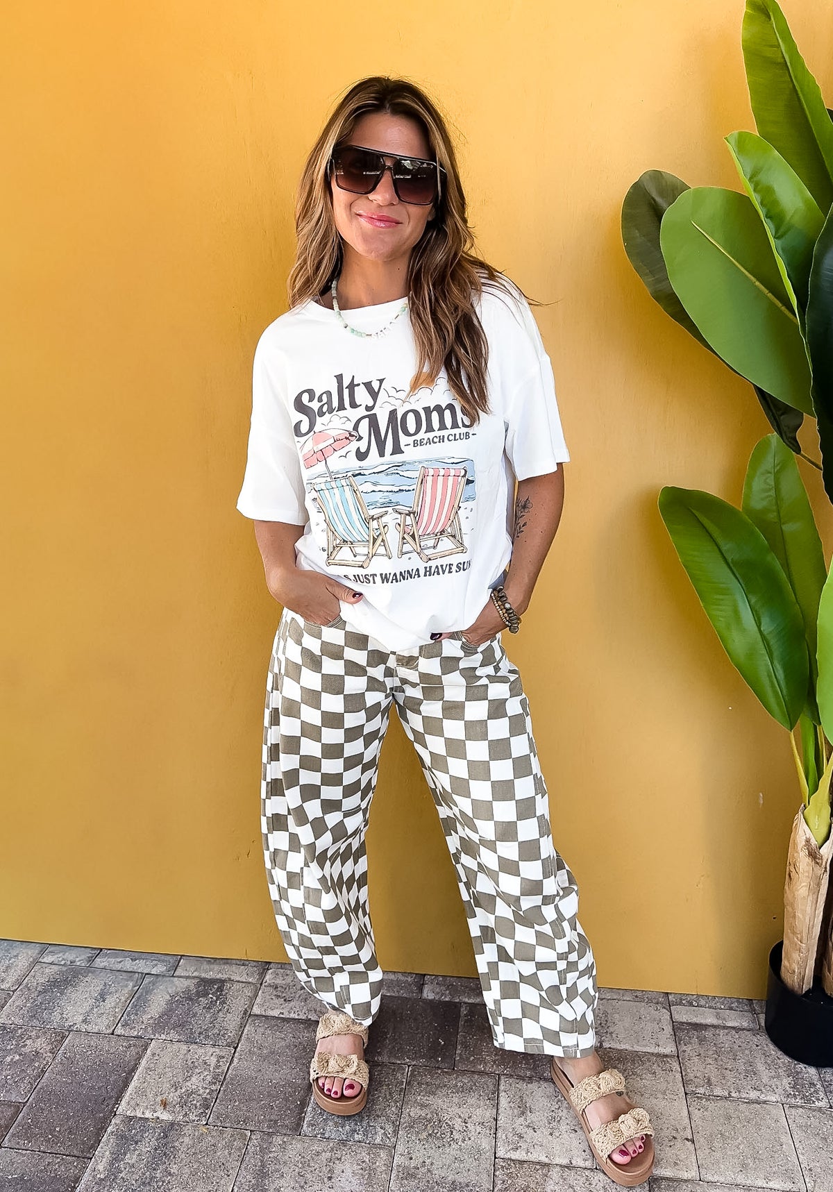 Checkered Print Barrel Pants