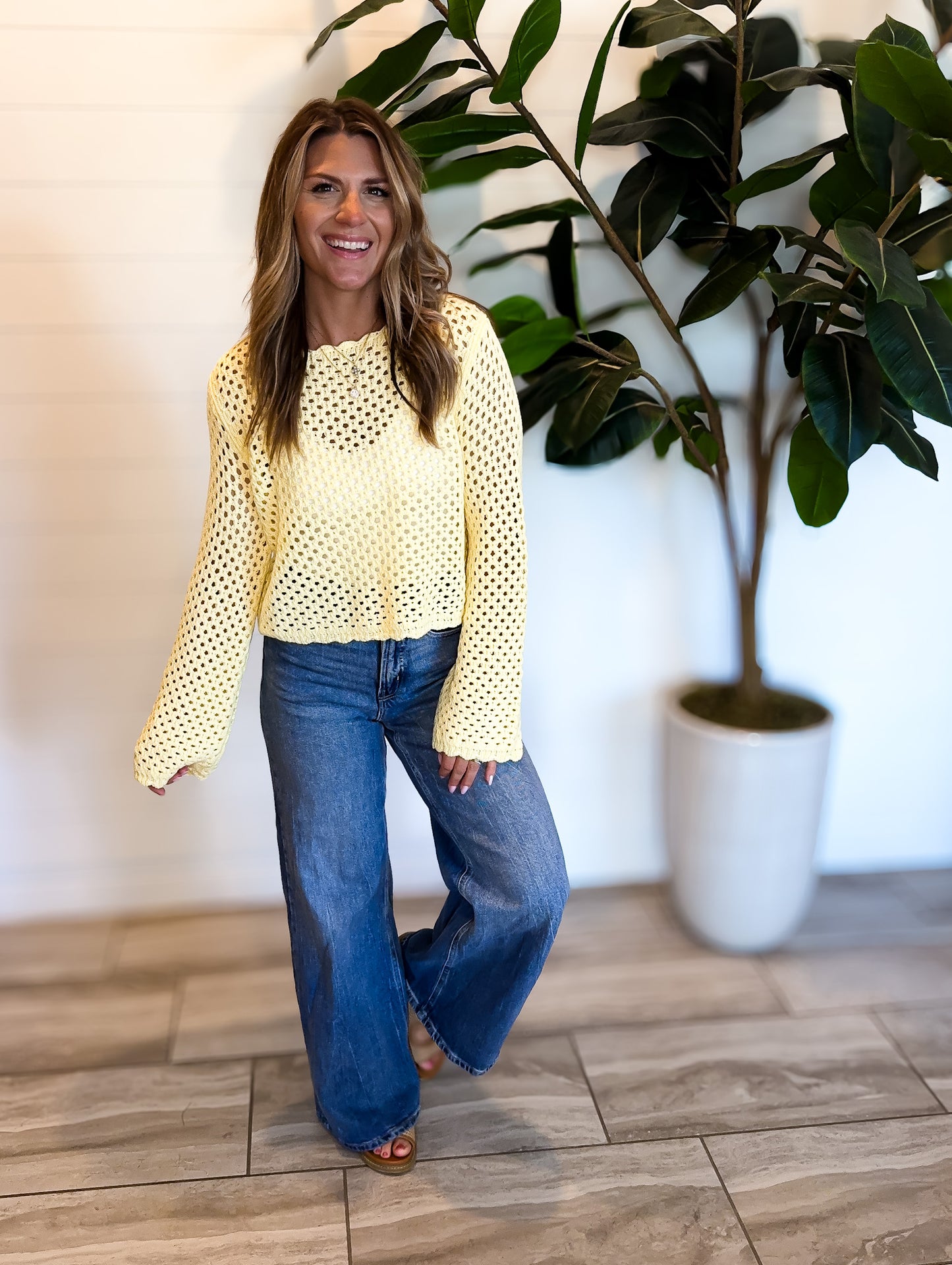 Crochet Knit Scallop Trim Sweater