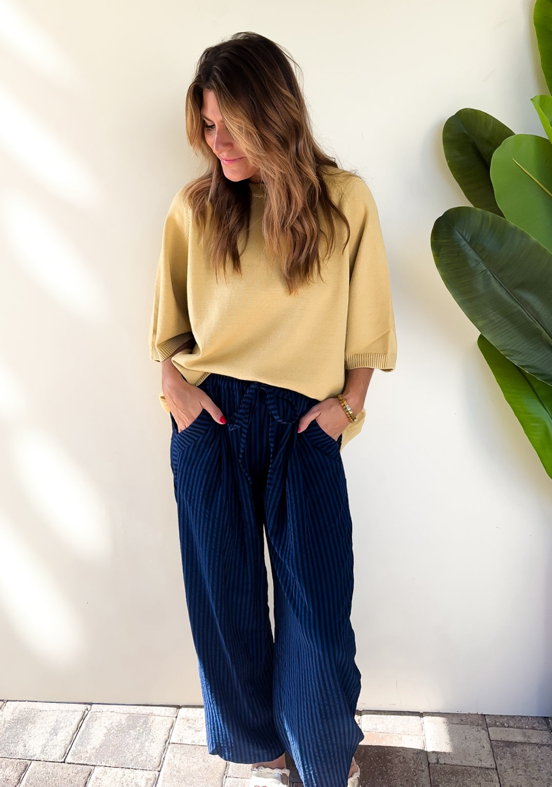 Sunlit Stroll Dolman Sweater styled with midnight blue After Hours Stripe Pants.