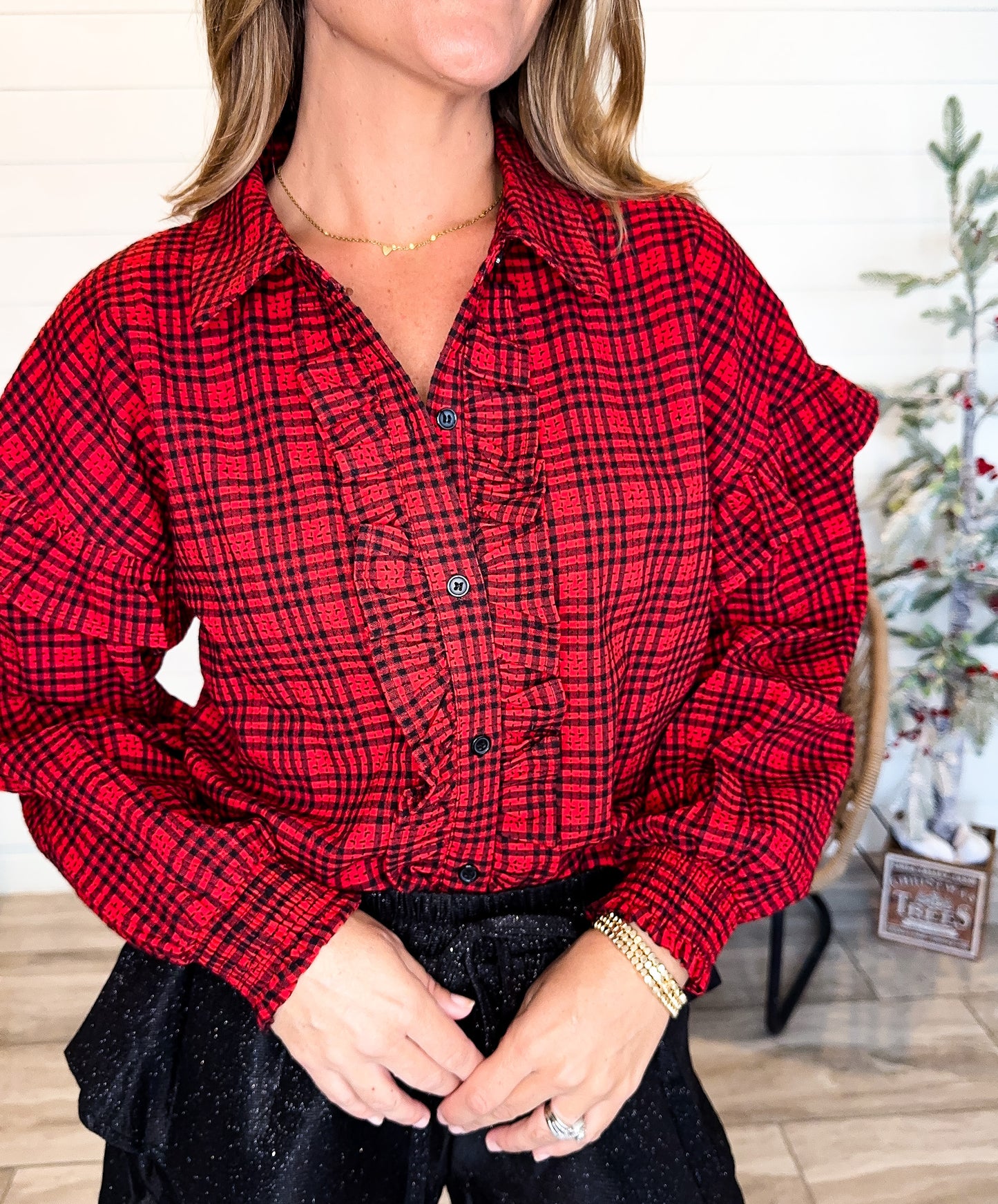 Plaid Button-Down Shirt with Ruffles