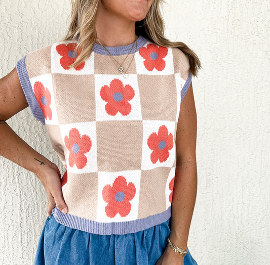 Floral Checker Sleeveless Sweater
