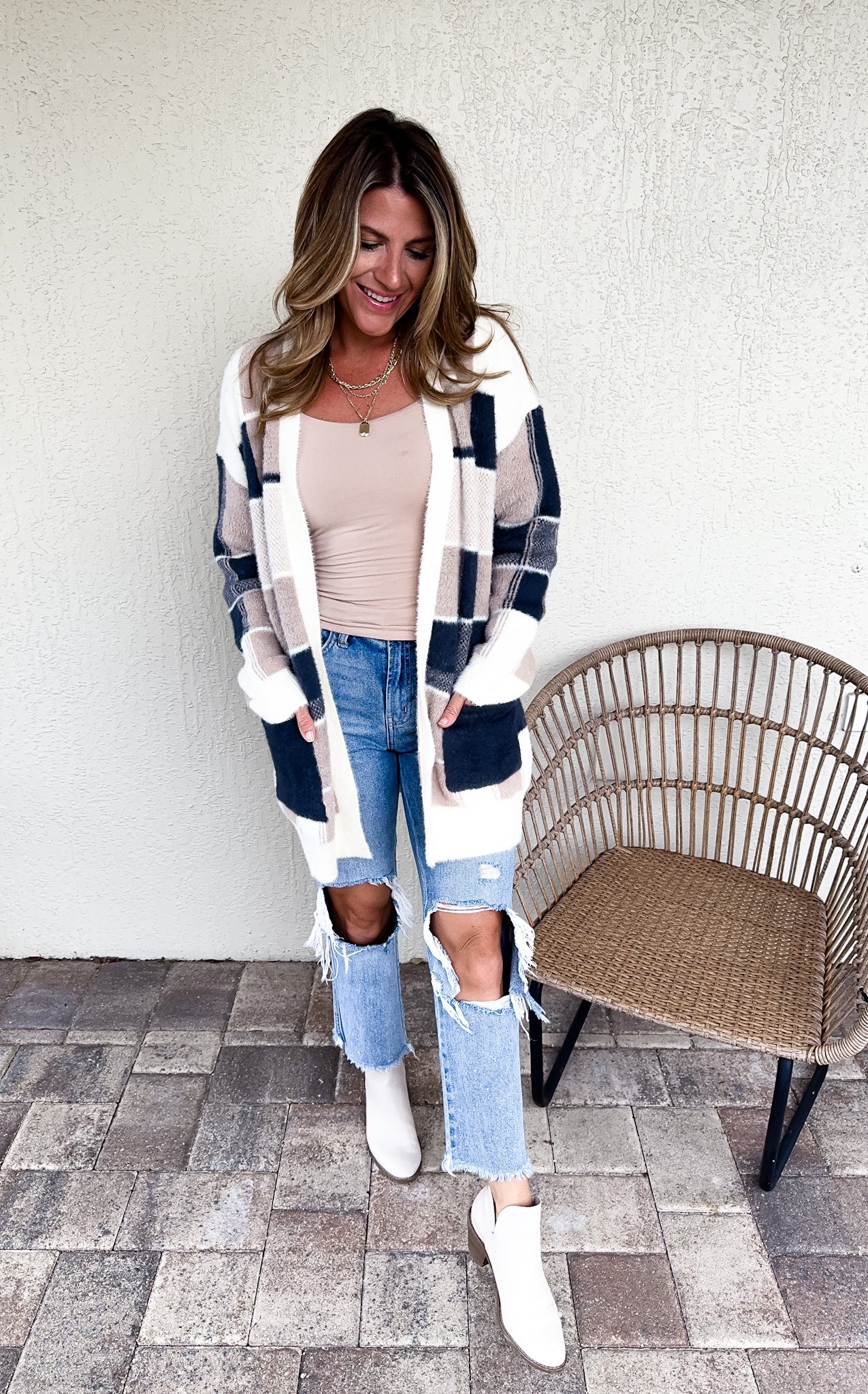 Checker Motif Longline Cardigan