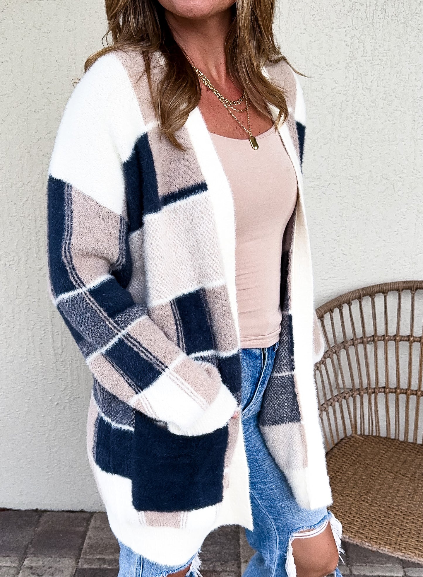 Checker Motif Longline Cardigan