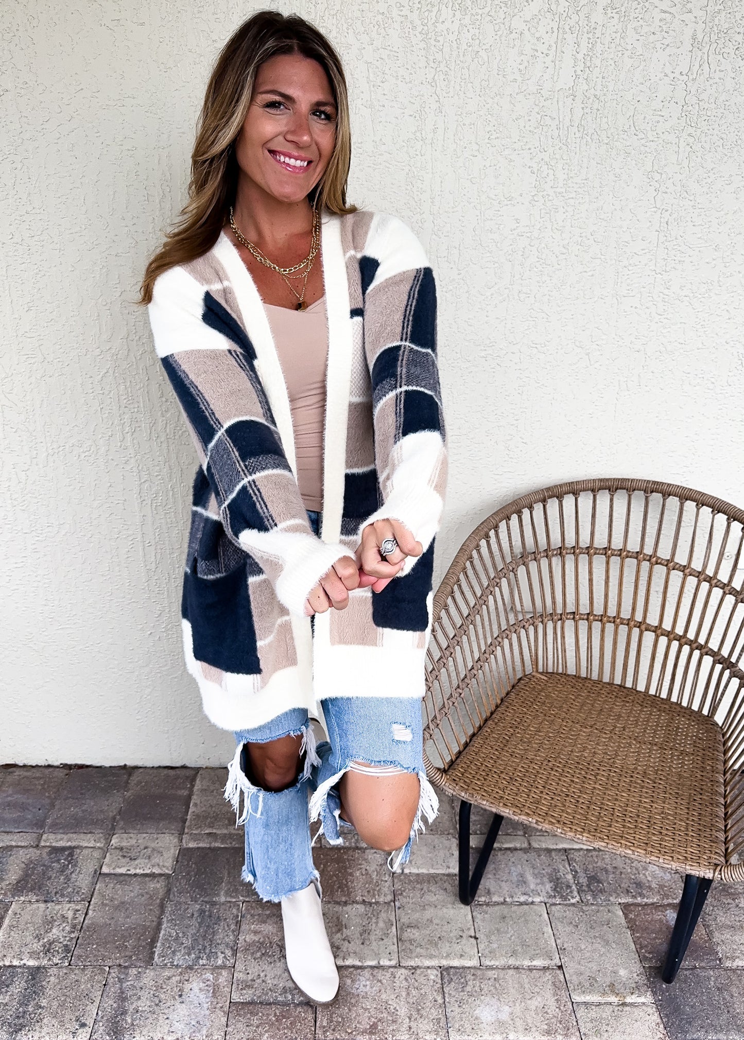 Checker Motif Longline Cardigan