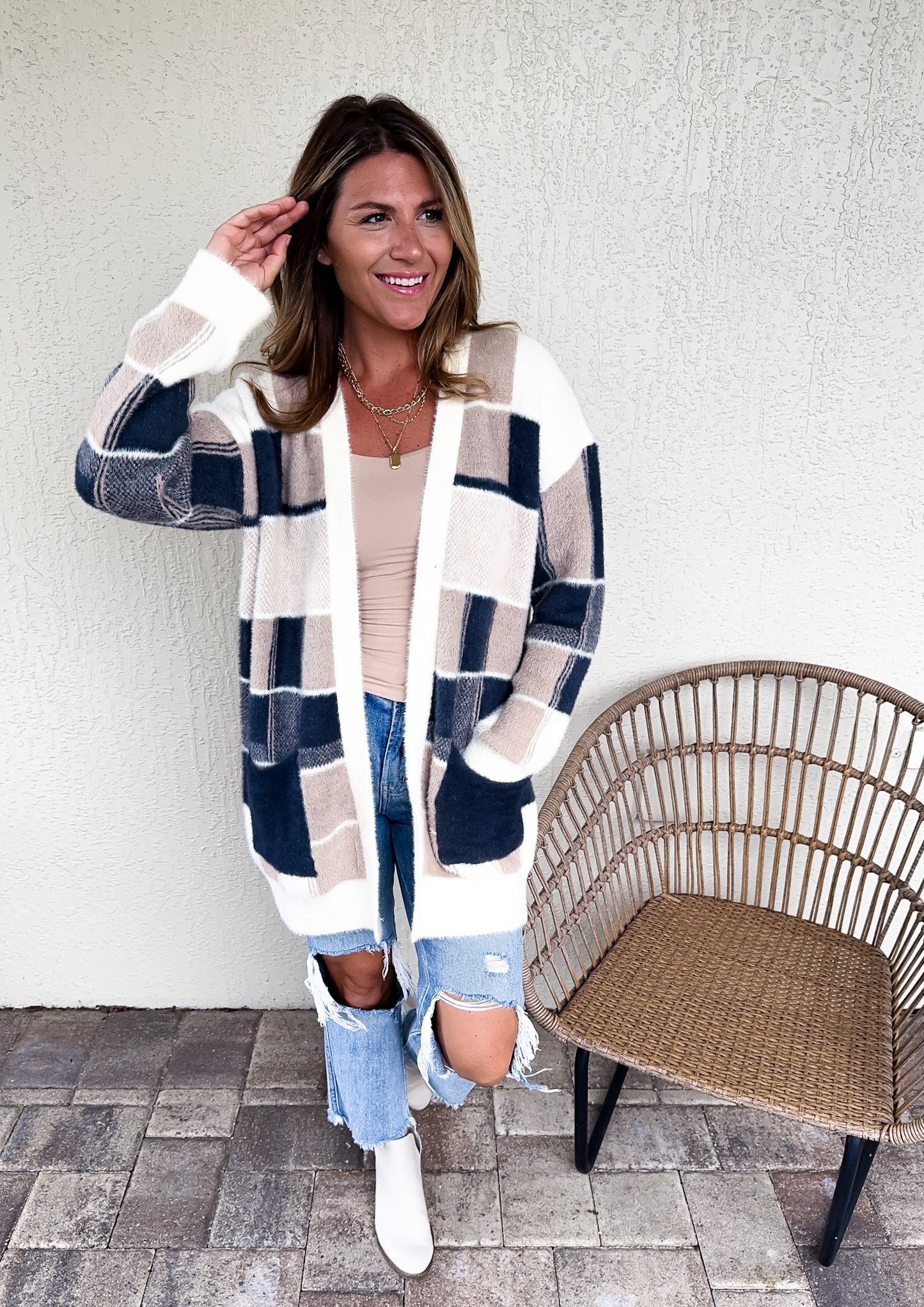 Checker Motif Longline Cardigan