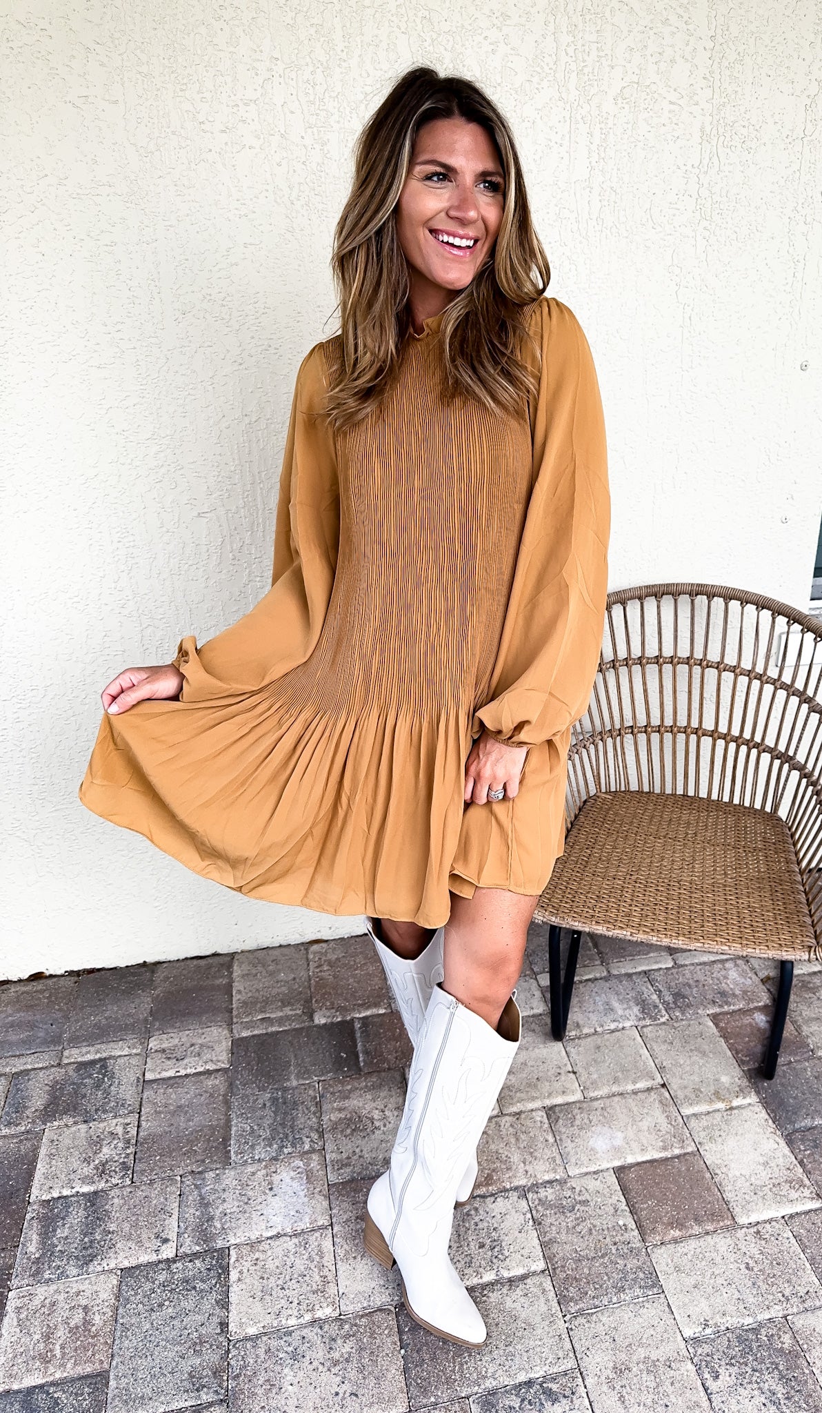 Pleated Body Ruffle Neck Long Sleeve Mini Dress