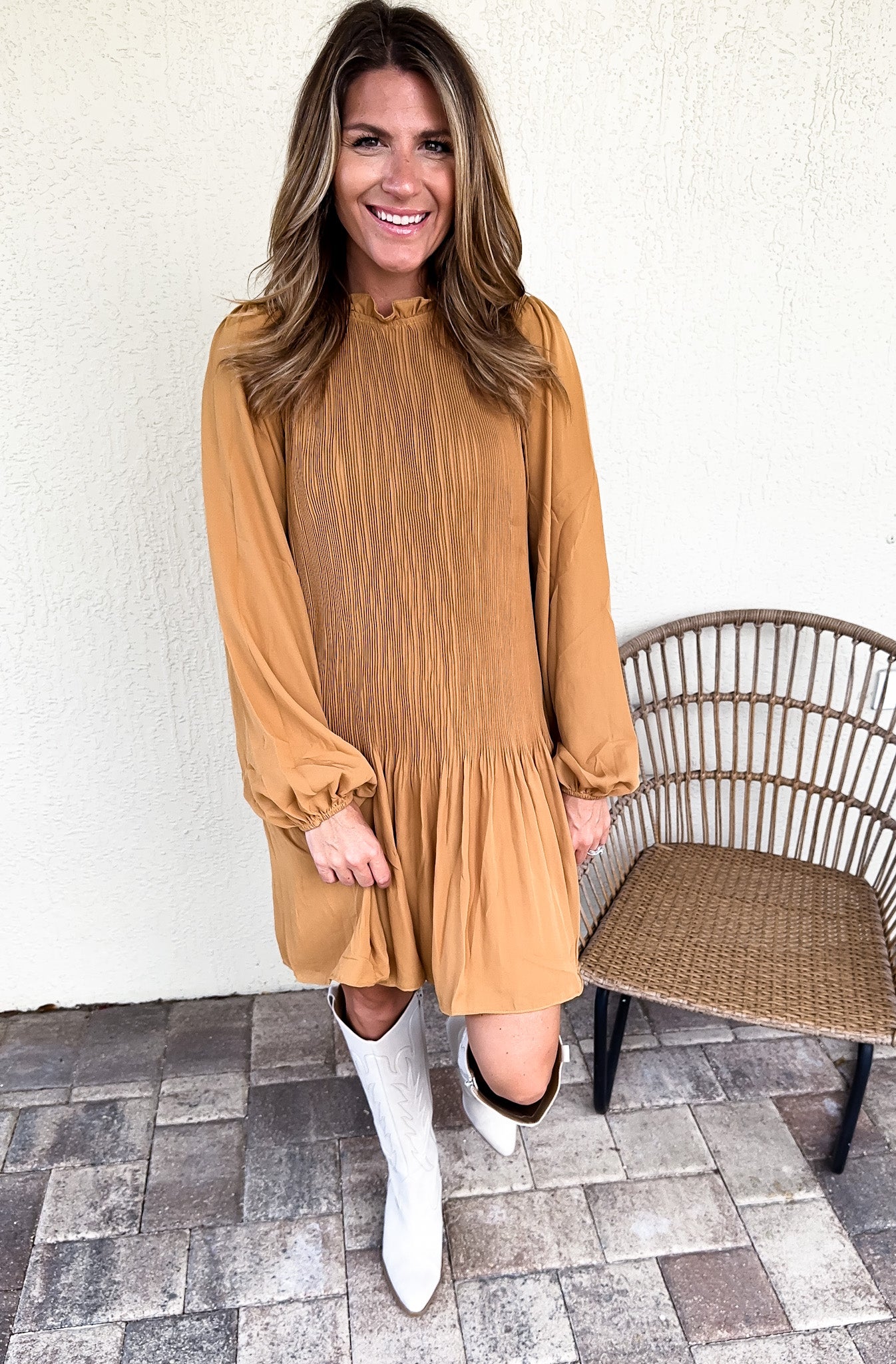 Pleated Body Ruffle Neck Long Sleeve Mini Dress