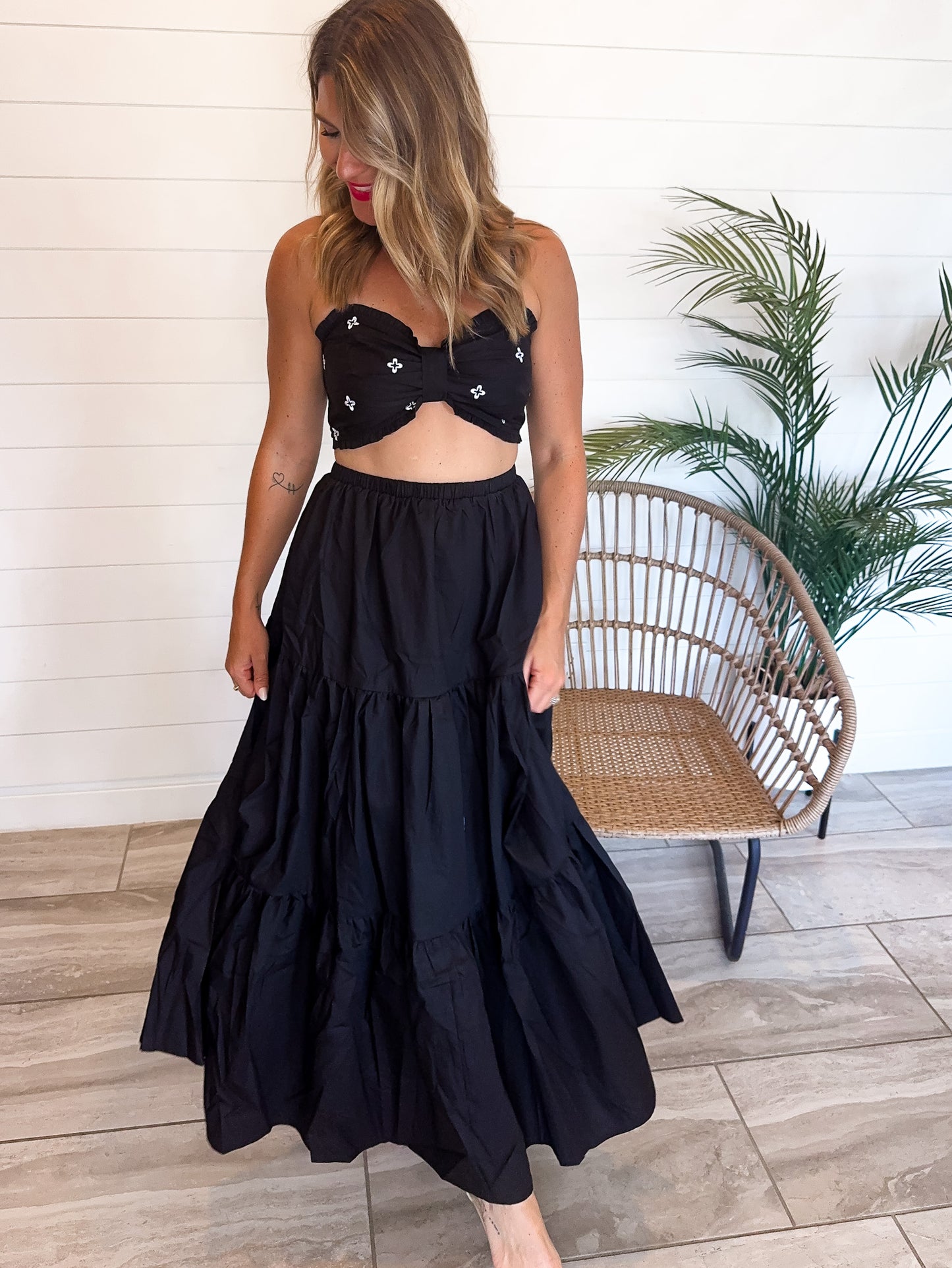 Embroidered Tiered Maxi Skirt Set.