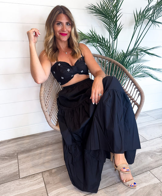 Embroidered Tiered Maxi Skirt Set.