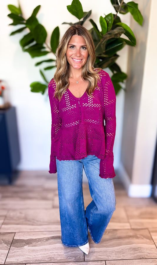 Pointelle Knit Peplum Sweater