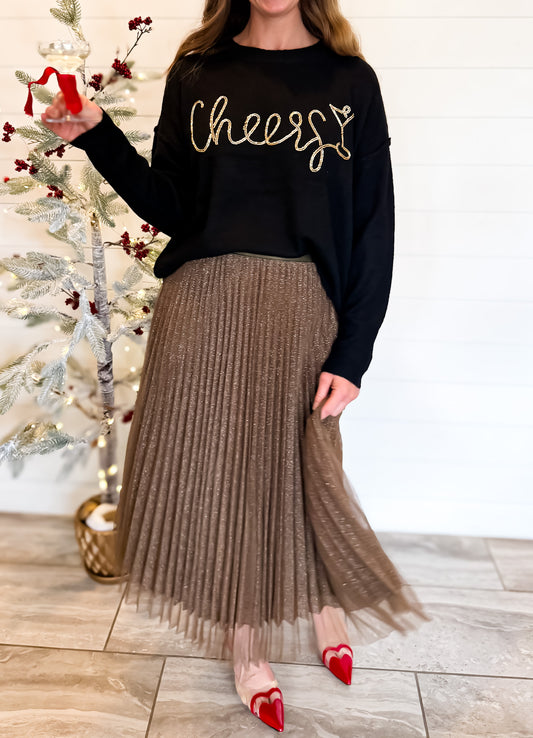 Glittery Pleated Midi Skirt